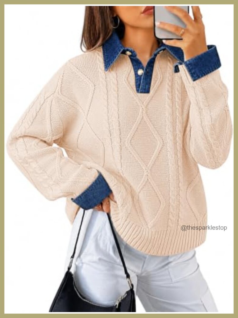 Womens Cable Knit Polo Pullover Sweater Oversized Tunic V-Neck